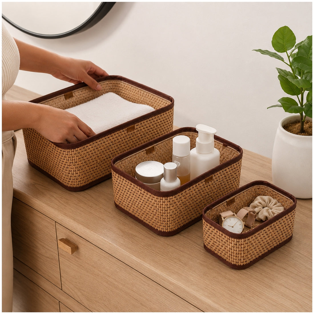 Set de 3 Canastas Organizadoras Tejidas Decorativas Multiuso para Baño Dormitorio