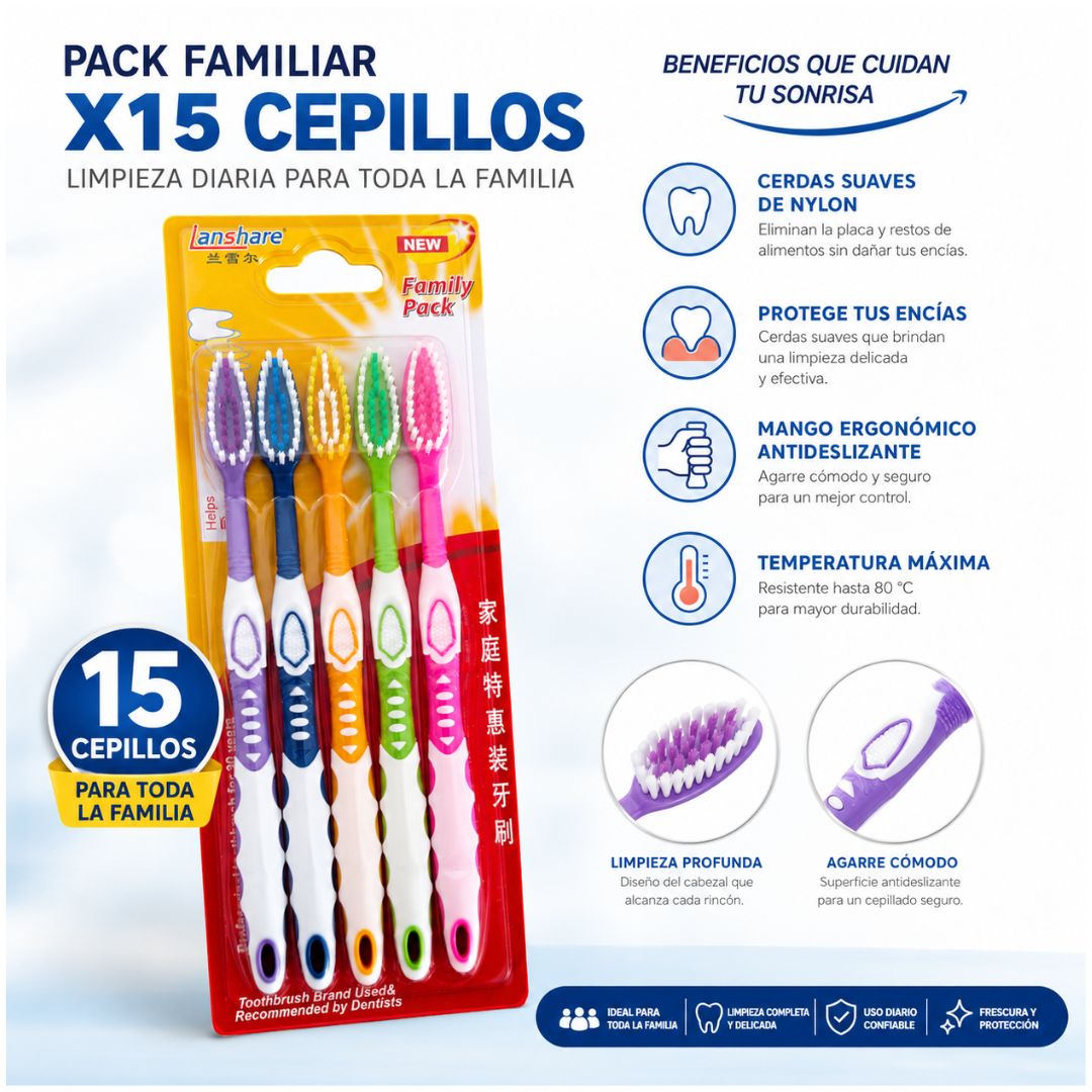 Pack x15 Cepillo Dental Dientes Familiar Multicolor Cerdas Suaves Mango Ergonómico