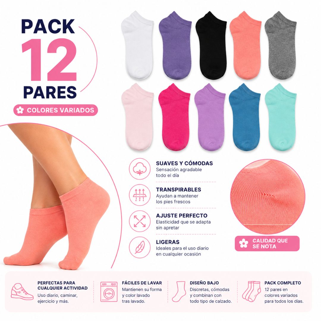 Pack x12 Pares de Medias Tobilleras para Mujer Transpirables