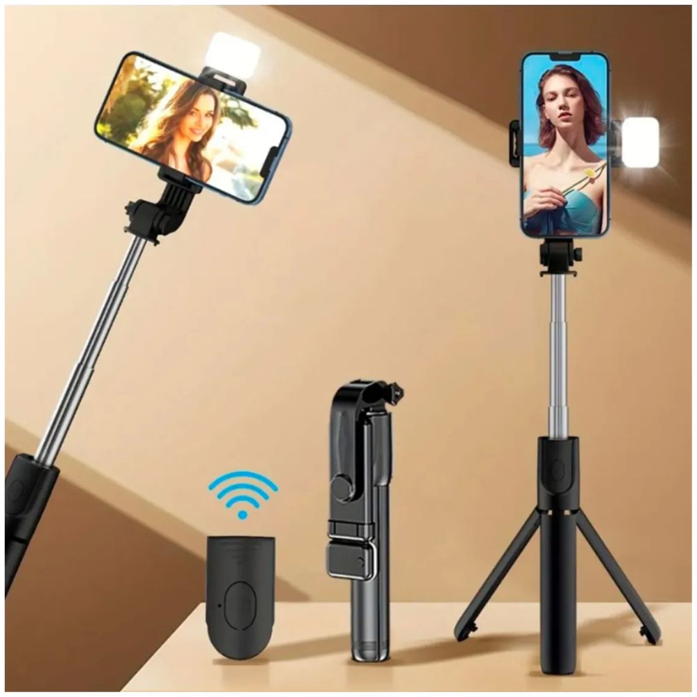 Estabilizador Palo Selfie Bluetooth Trípode con Soporte para Celular R1S Luz LED Integrada