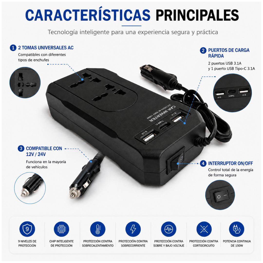 Cargador Adaptador Inversor de Corriente 12V-220V Para Auto 150W AC USB Tipo C