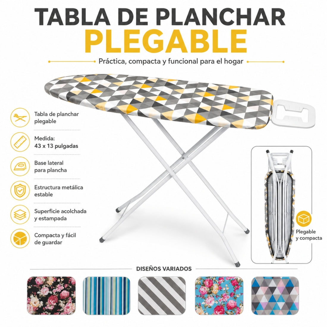 Tabla de Planchar Plegable 109x33cm con Soporte para Plancha Diseños Variados