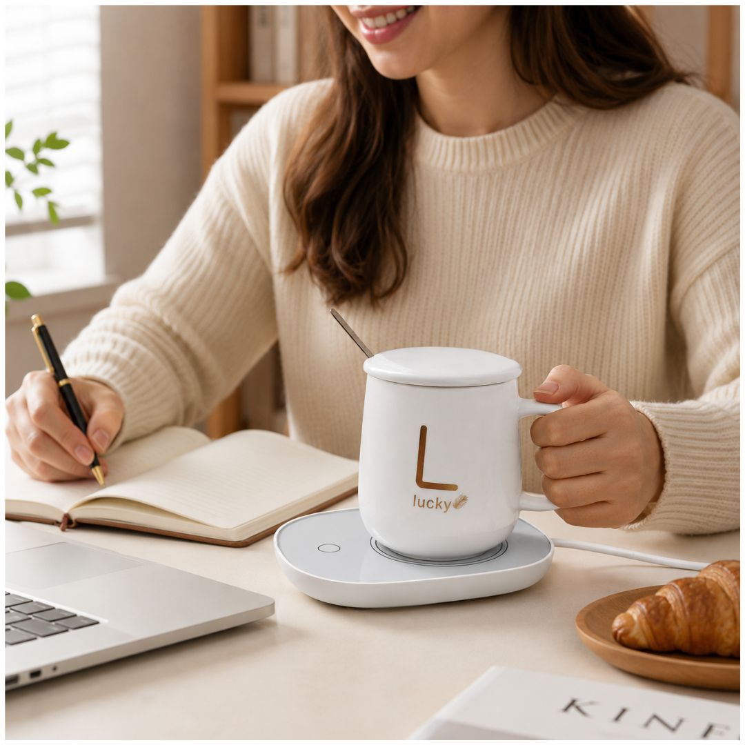 Taza Eléctrica con Calentador Café Lucky con Base Térmica Tapa y Cuchara