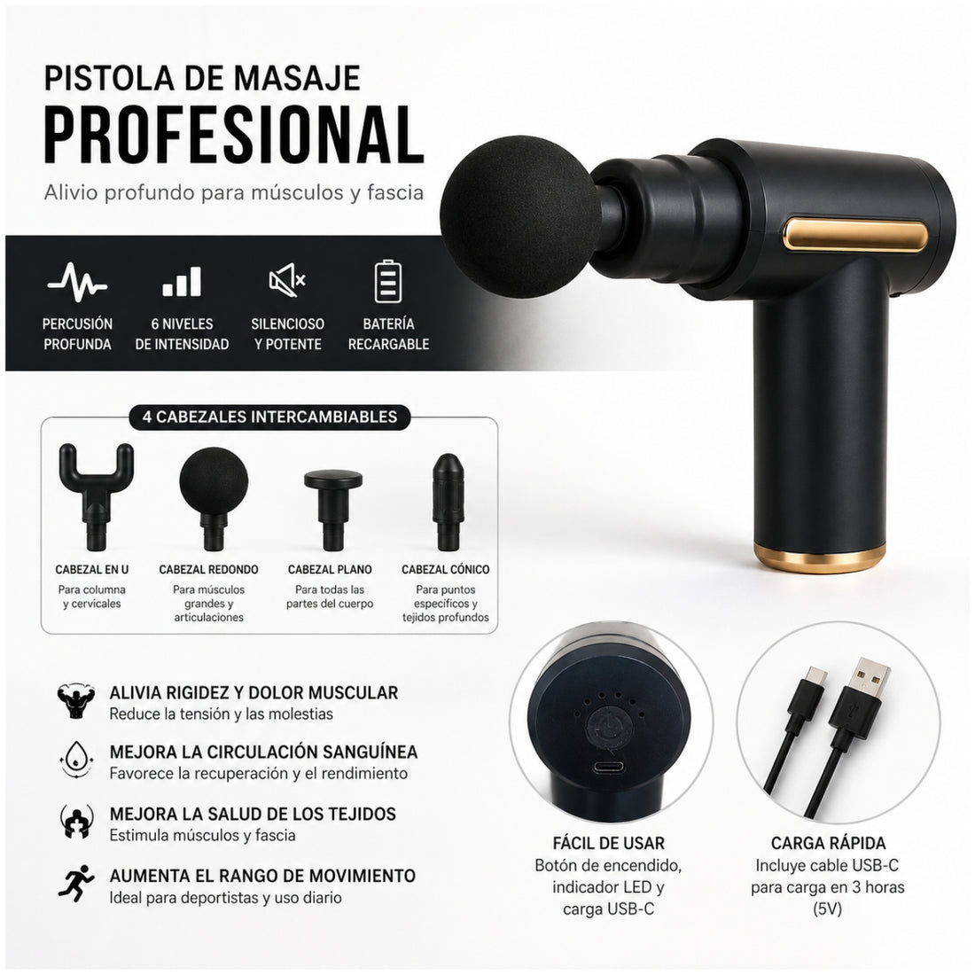 Pistola Masajeadora DS-118 4 en 1 Masaje Muscular de Percusión 6 Niveles