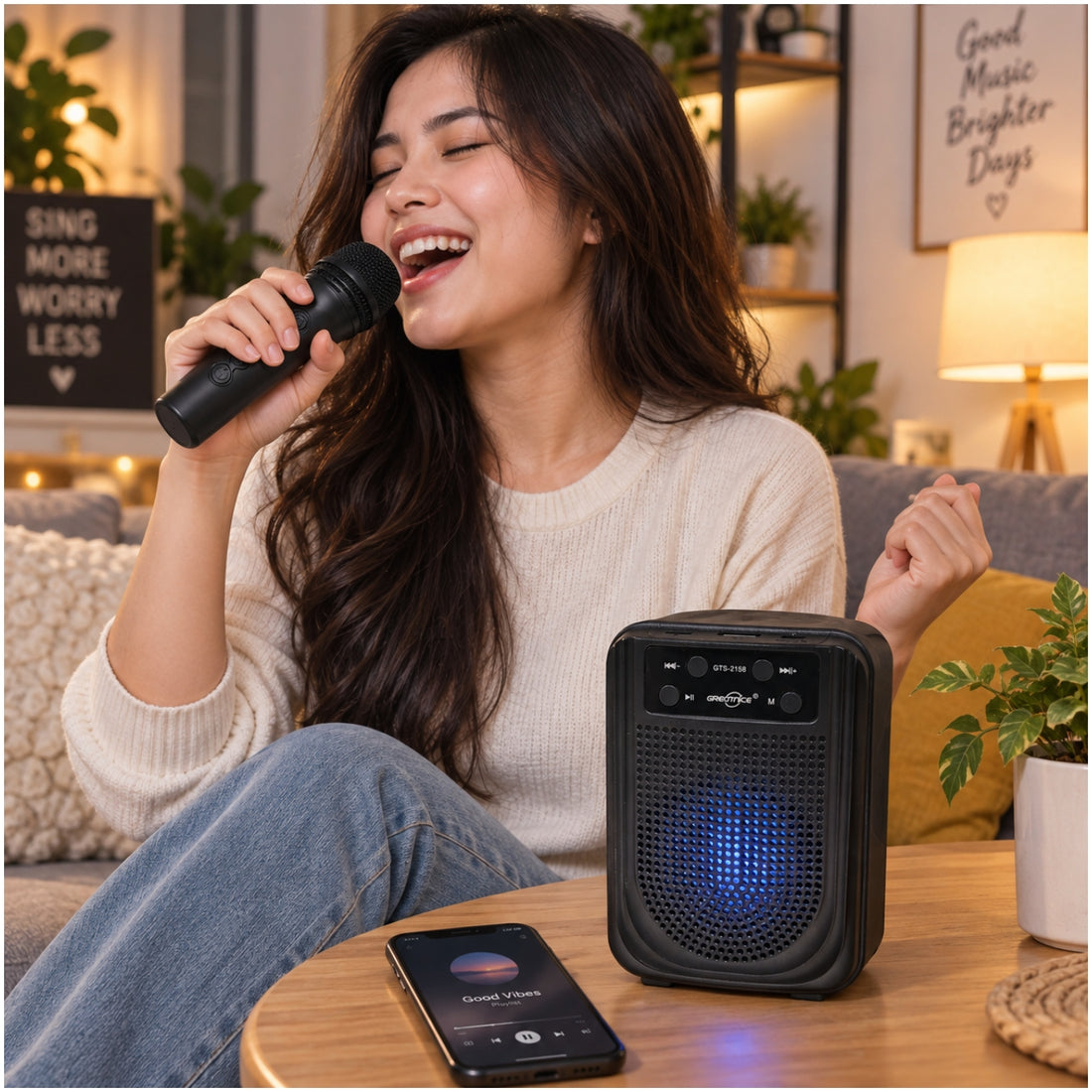 Parlante Inalámbrico Portátil GTS-2158 de 3” con Micrófono Karaoke USB TF y FM