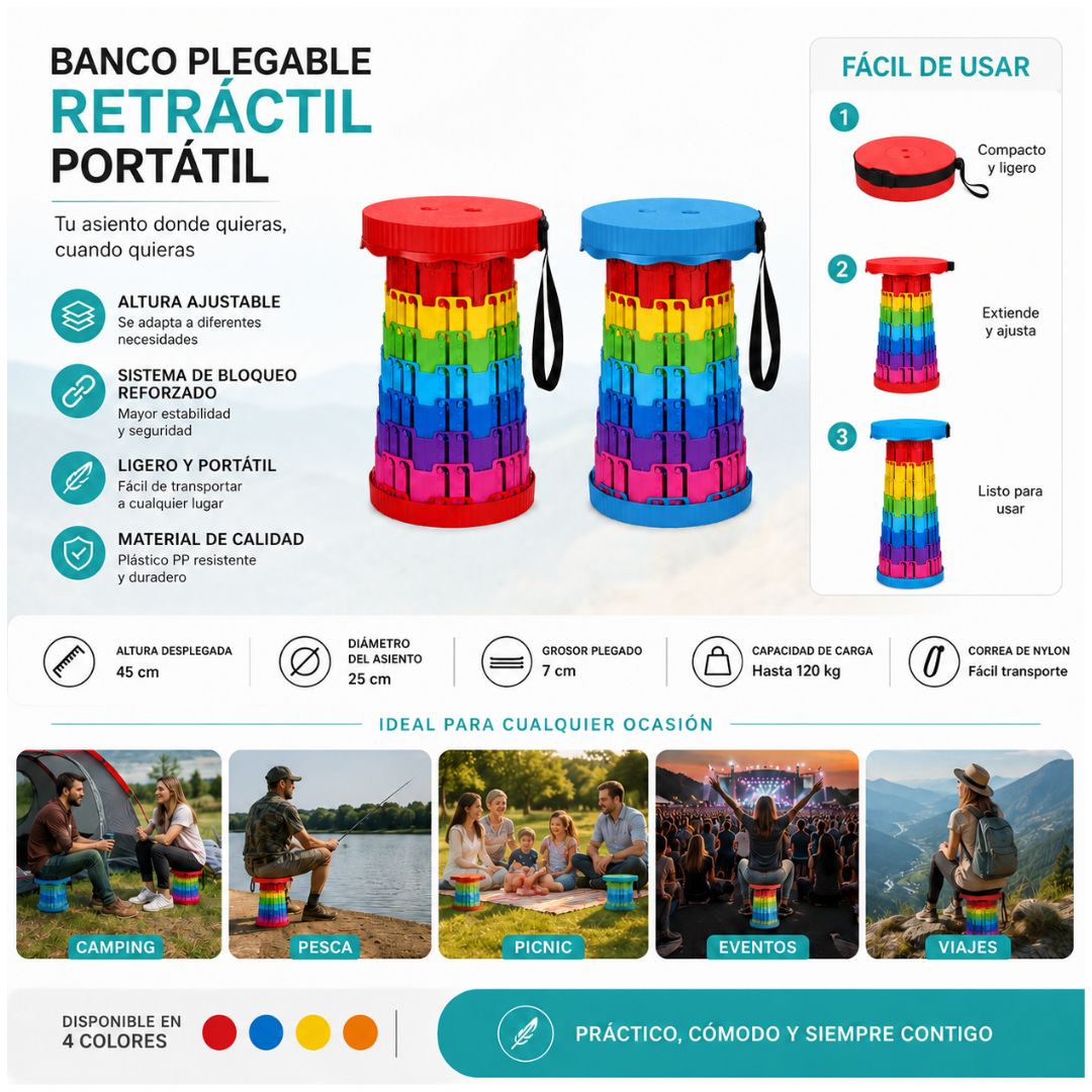 Banco Plegable Retráctil Portátil Multiusos para Camping Pesca Viajes Color Aleatorio