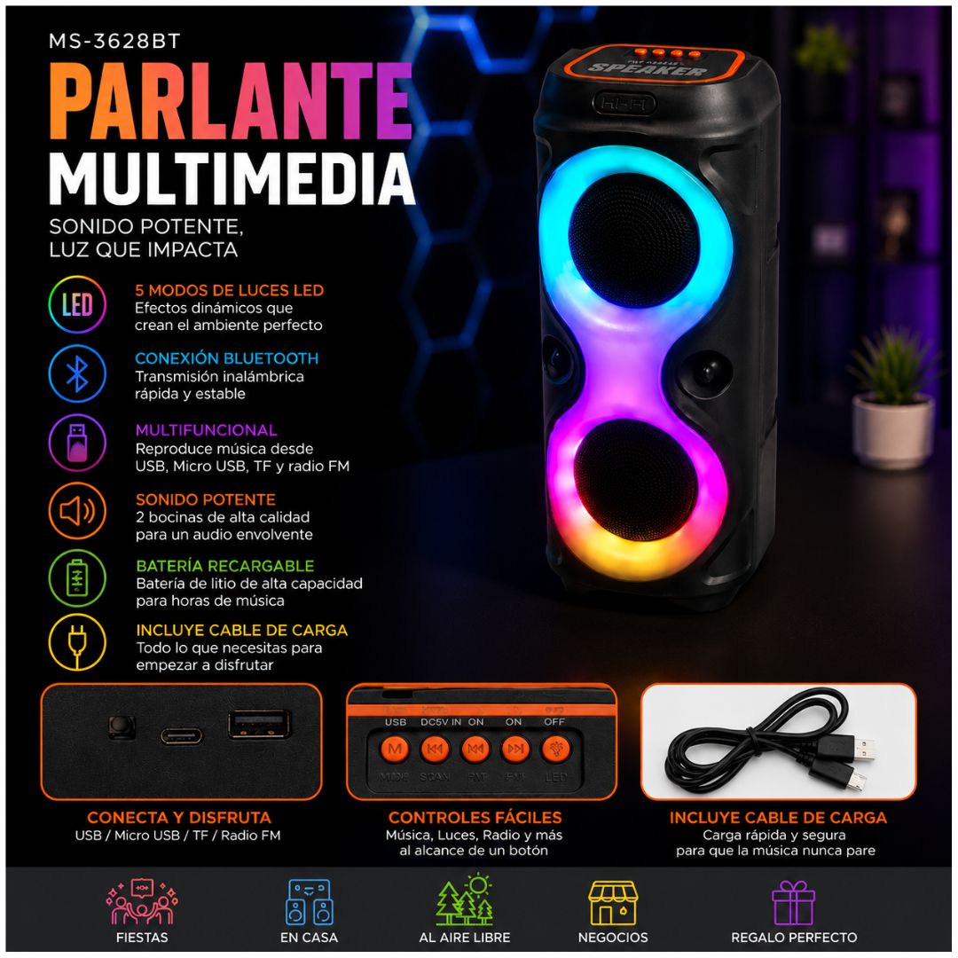 Parlante Bluetooth Inalámbrico MS-3628BT Luces LED RGB 20W con Doble Parlante de 4"