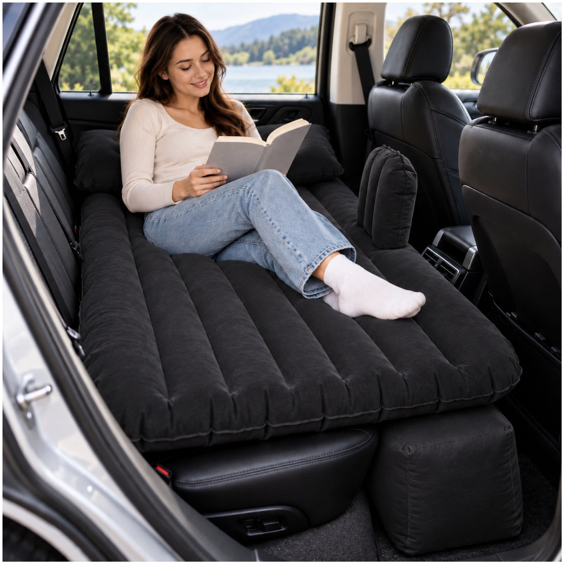Colchón Inflable 135x80cm para Auto y Camping con Almohadas y Bomba Eléctrica 12V