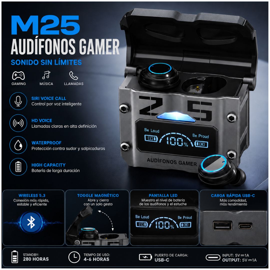 Audífonos Gamer ENC Inalámbricos M25 Bluetooth 5.3 Power Bank Pantalla LED