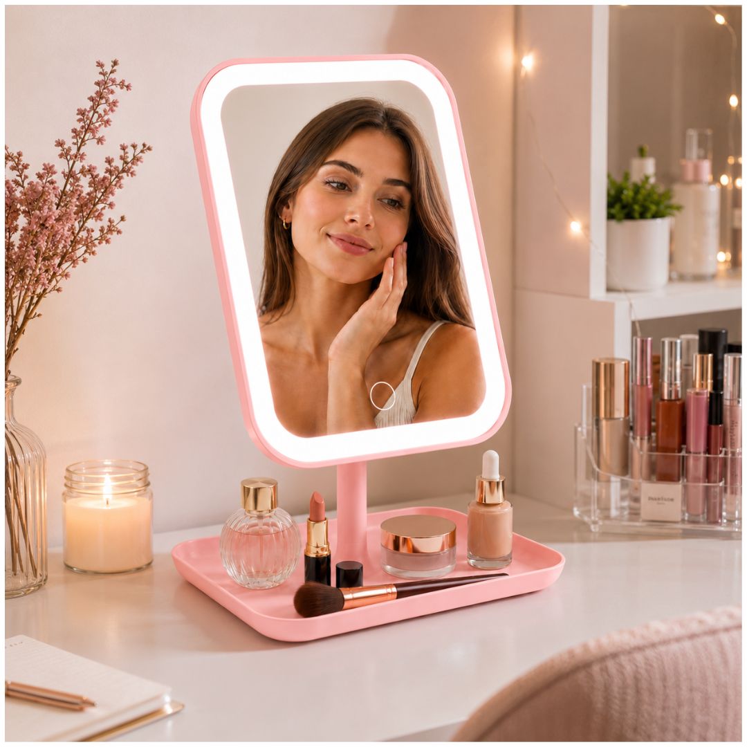 Espejo LED Rosado Recargable 3 Tonos de Iluminación Control Táctil Ángulo Ajustable