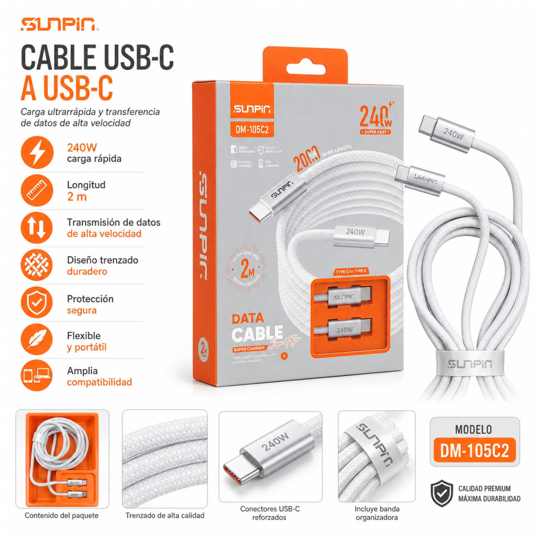 Cable Trenzado 2 metros USB-C a USB-C SUNPIN  Carga Rápida 240W