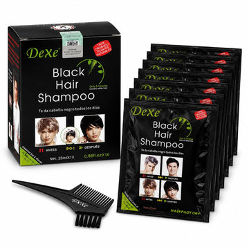 Pack x10 Champú Tinte Negro DeXe 250ml para Canas Cabello Barba Peine y Guantes