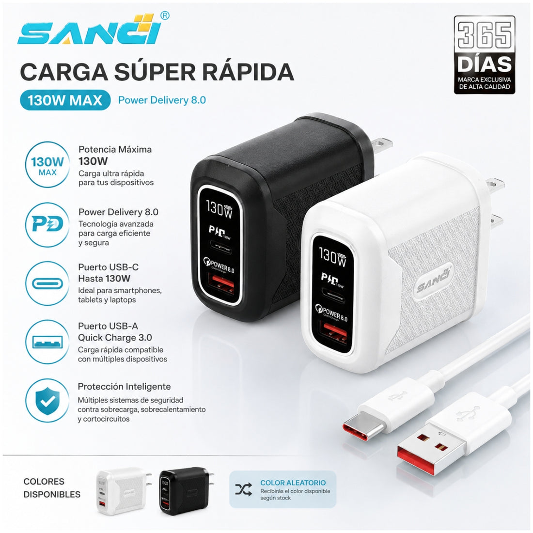 Cargador Sanci 130W Carga Súper Rápida PD 8.0 + USB-C y USB-A con Cable