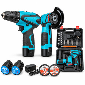 Kit Inalámbrico 2 en 1 Taladro Atornillador y Amoladora 48V con 2 Baterías Maletín y Accesorios