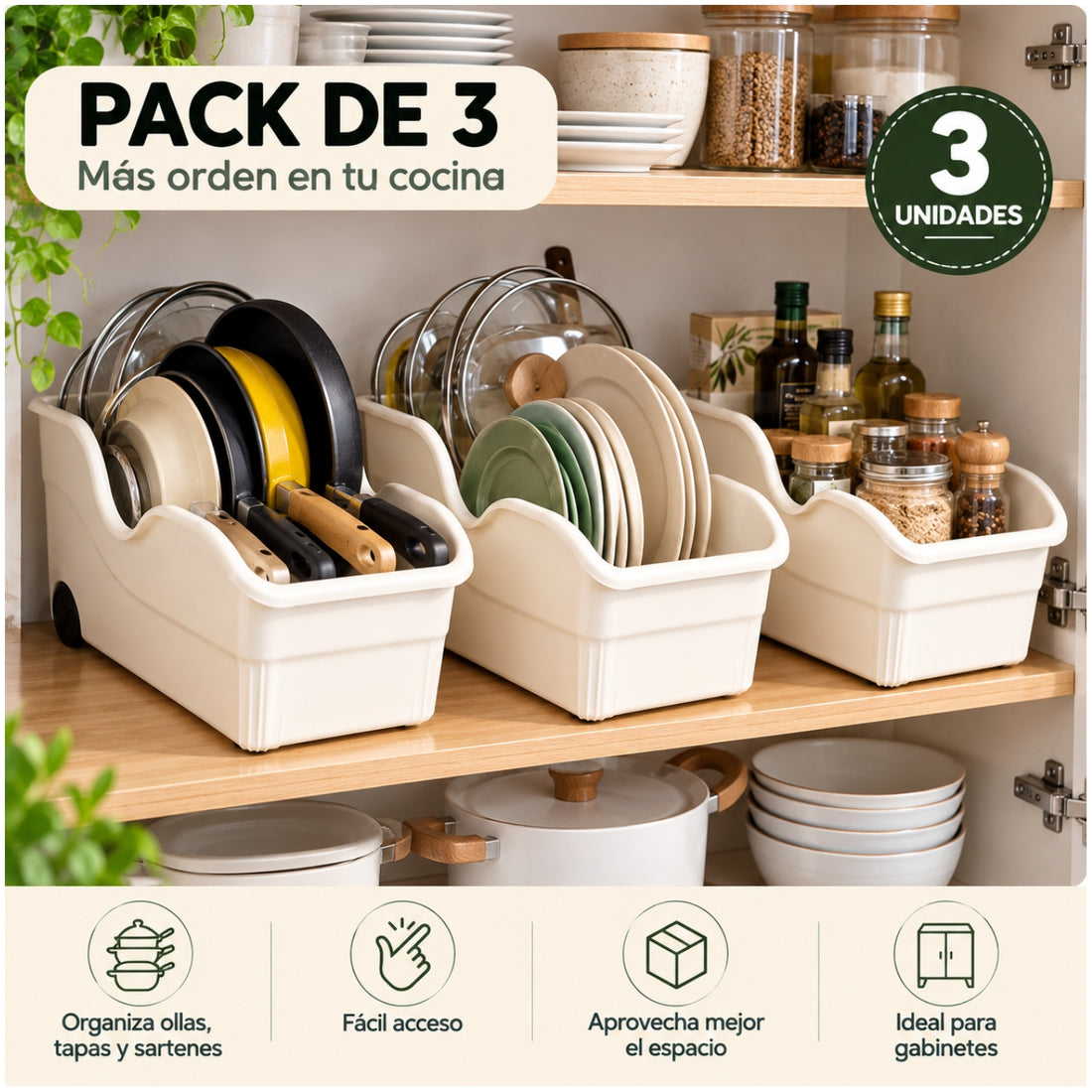 Pack x3 Organizadores Multiuso para Cocina con Ruedas para Ollas Tapas y Sartenes