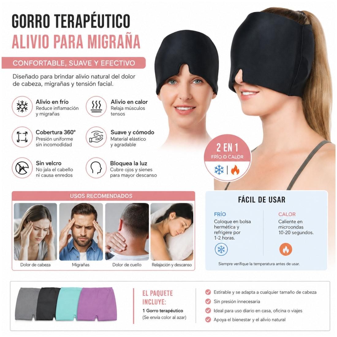 Gorro Terapéutico de Gel Frío y Calor Relajación 360° para Migraña Dolor de Cabeza Color Aleatorio