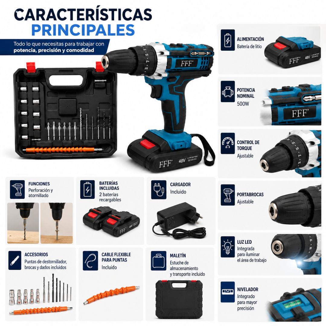Kit Taladro Eléctrico Azul Inalámbrico con Doble Batería con Maletín y Accesorios