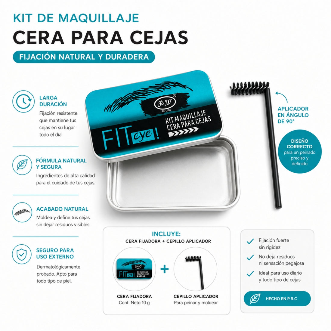 Kit Cera para Cejas FIT Eye P&W 10g con Cepillo Aplicador 90° Fijación y Moldeado