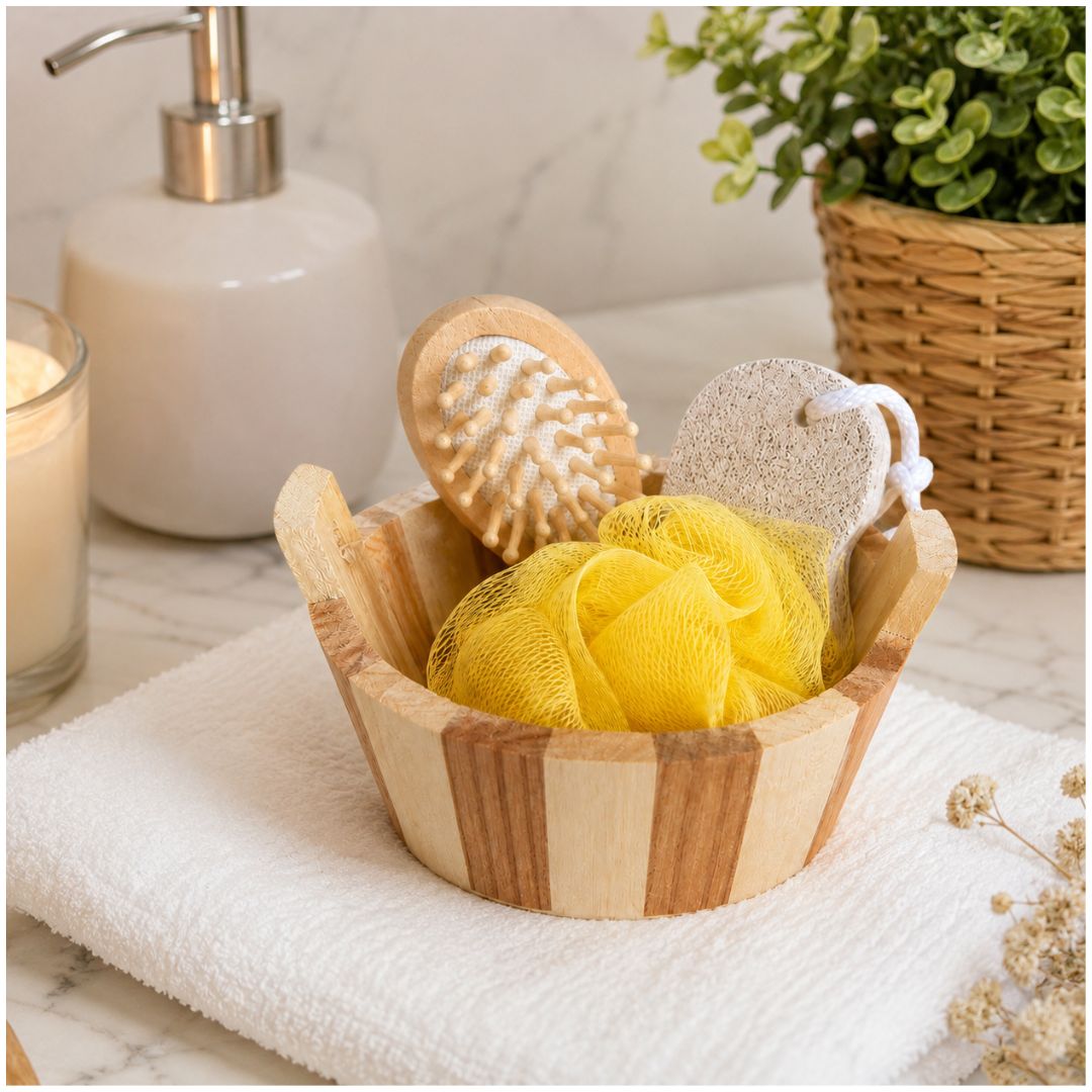 Set de Baño Spa de Madera 4 en 1 Cepillo de Masaje Piedra Pómez y Malla Color Aleatorio