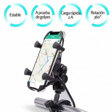 Soporte Celular para Moto 7083 Antivibraciones Cargador Carga Rápida 2A