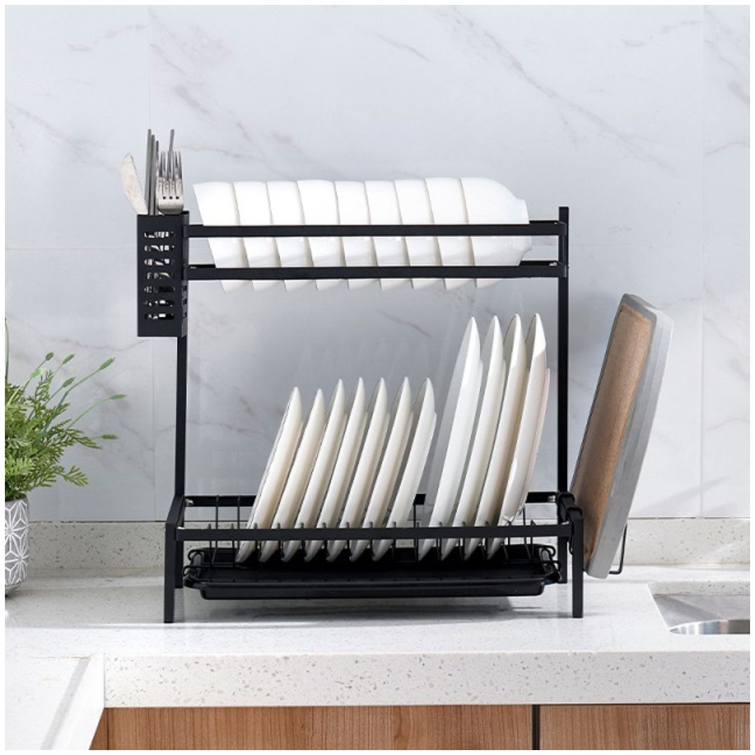 Escurridor de Platos Vasos Acero al Carbono 2 Niveles con Bandeja de Drenaje 40.5x42x25cm