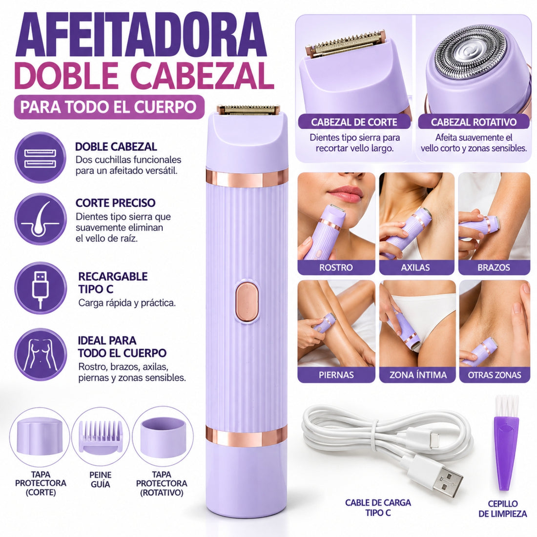 Afeitadora Depiladora Eléctrica  Corporal 2 en 1 RS-56 Recargable 2 Cabezales