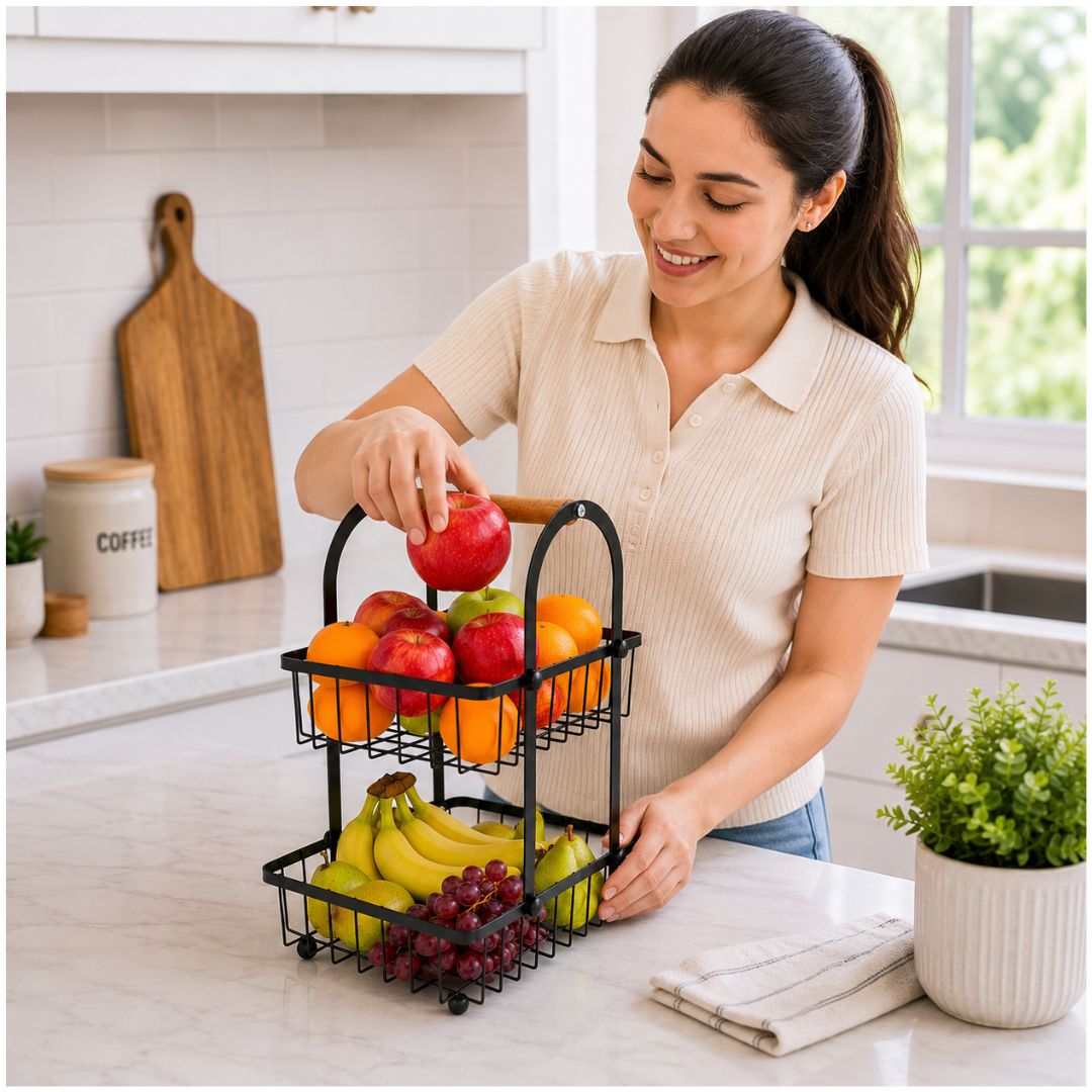 Frutero Organizador de Frutas Verduras 2 Niveles Metal con Asa de Madera