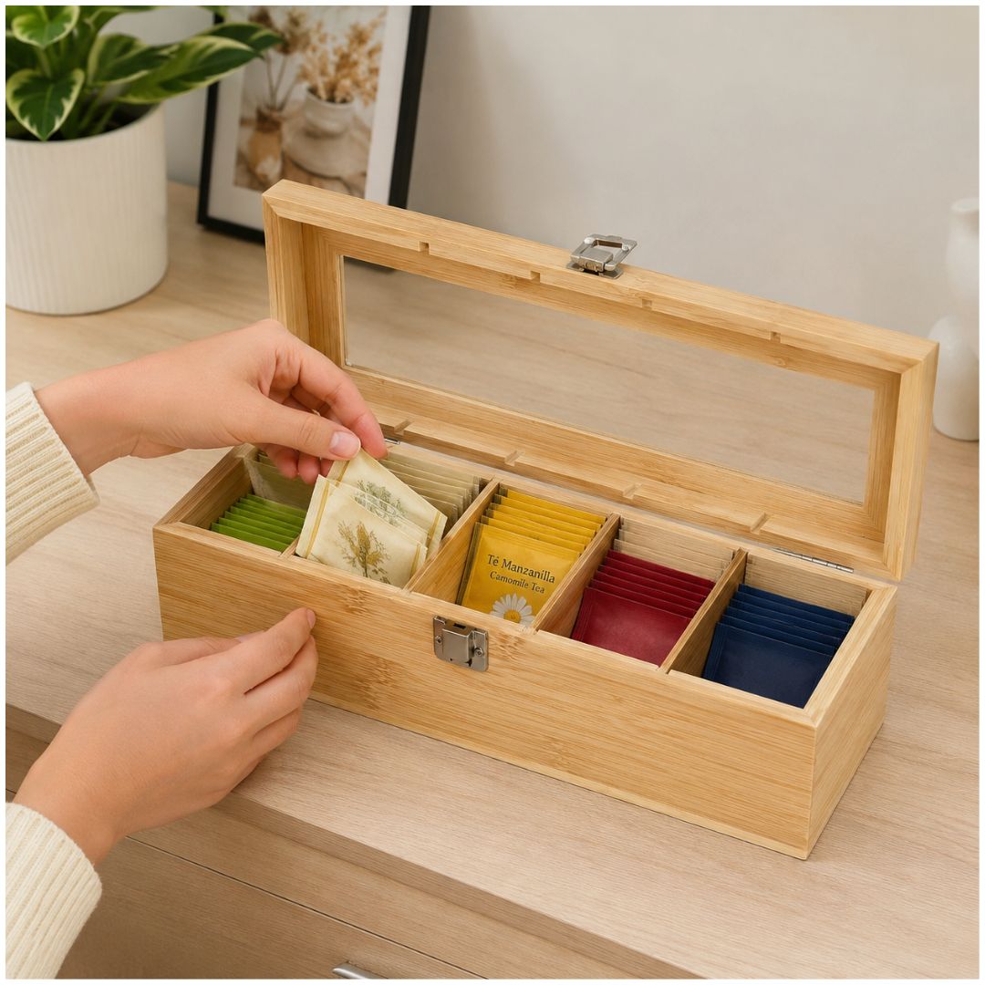 Organizador Porra Infusiones de Bambú con Tapa de Vidrio 5 Compartimientos