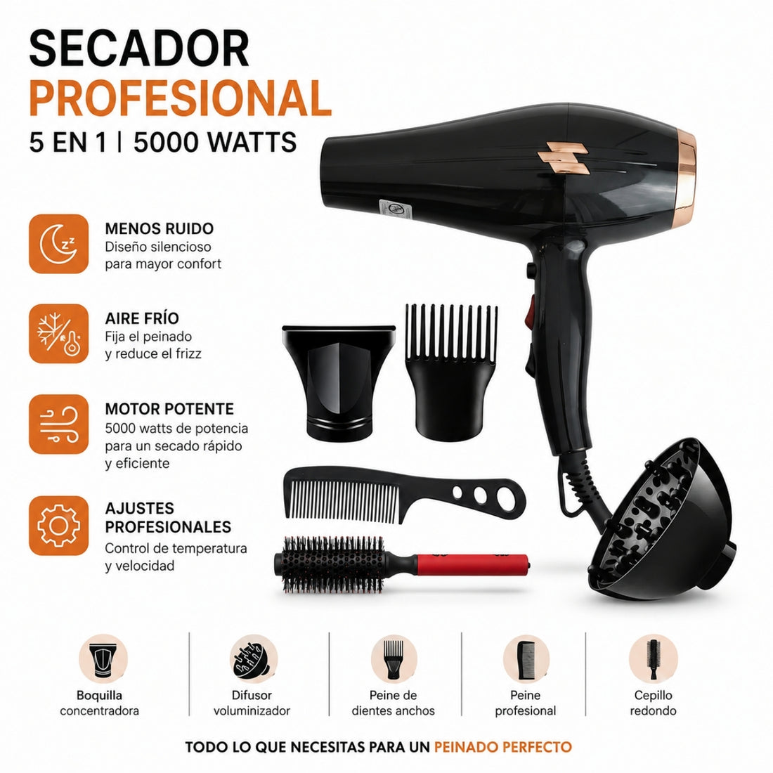 Secadora de Cabello Profesional 1260 5 en 1 de 5000 W con Difusor