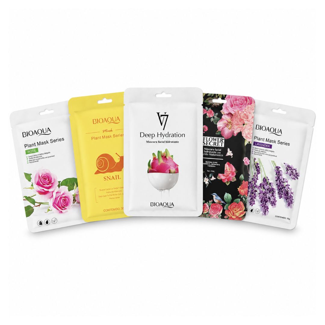 Pack x5 Mascarilla Facial Hidratante 150g Colágeno Ácido Hialurónico Diseño Aleatorio