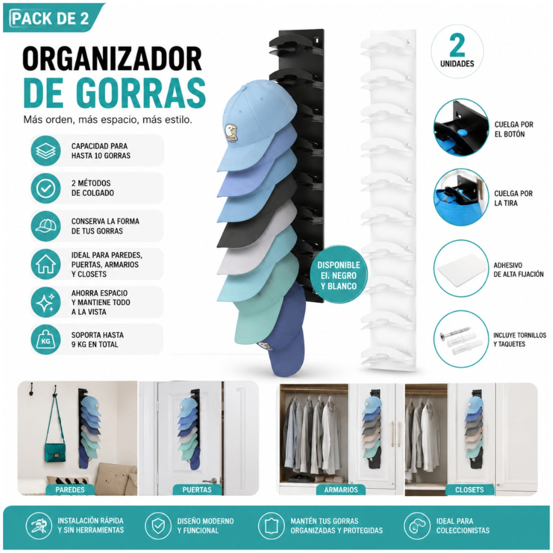 Pack x2 Organizador para 20 Gorras de Pared Soporte Vertical Perchero Exhibidor Closet