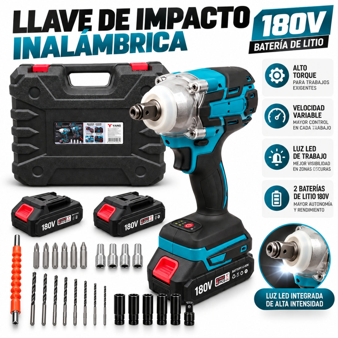 Kit Llave de Impacto Azul Inalámbrica 1/2" Doble Batería 180V Taladro Atornillador