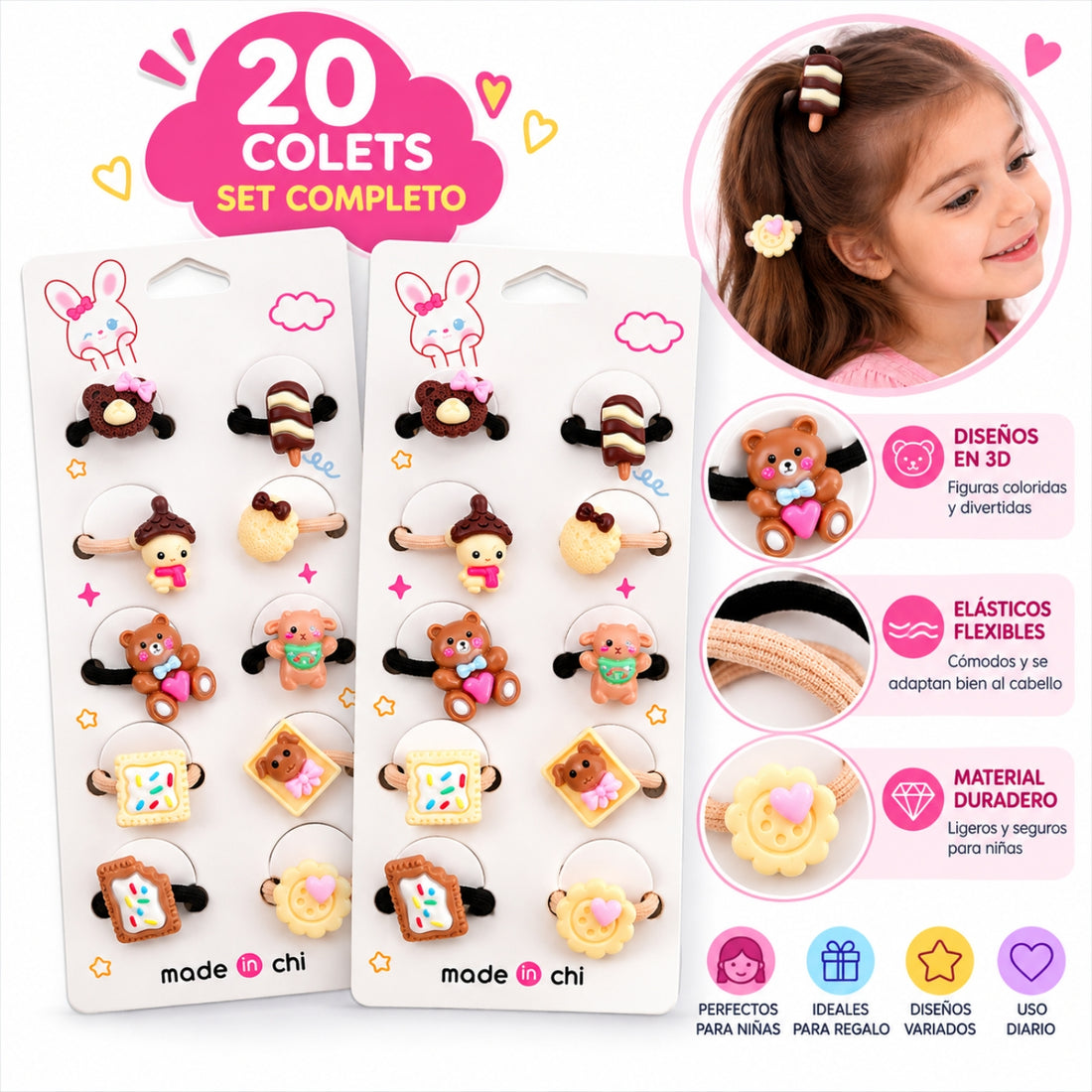 Set de 20 Colets para Niñas con Figuras 3D de Ositos, Dulces y Diseños Kawaii