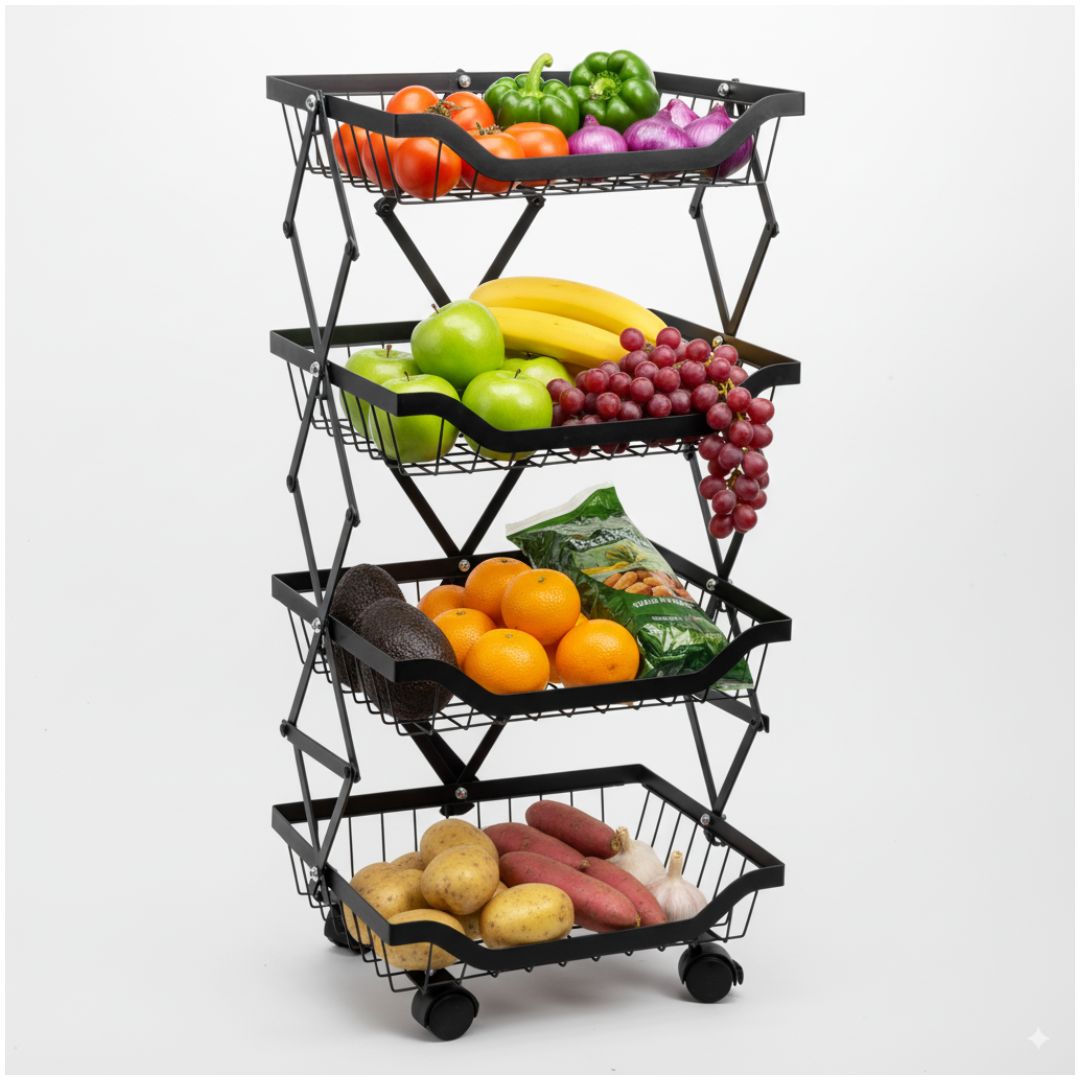 Carrito Organizador de Cocina Multiusos de Metal 4 Niveles Plegable con Ruedas