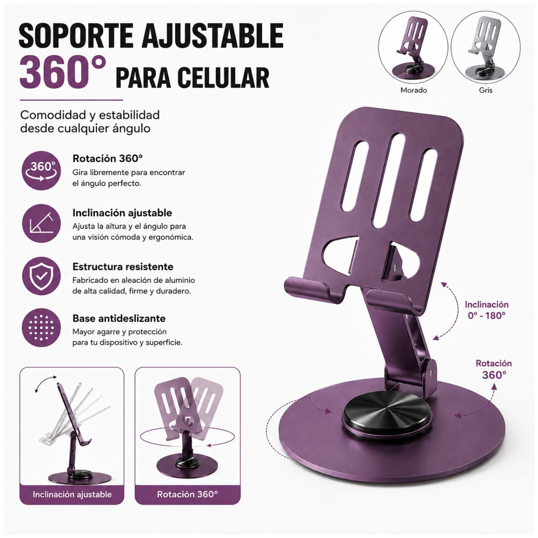 Soporte para Celular de Metal Morado 8562 Ajustable Plegable Giratorio 360°