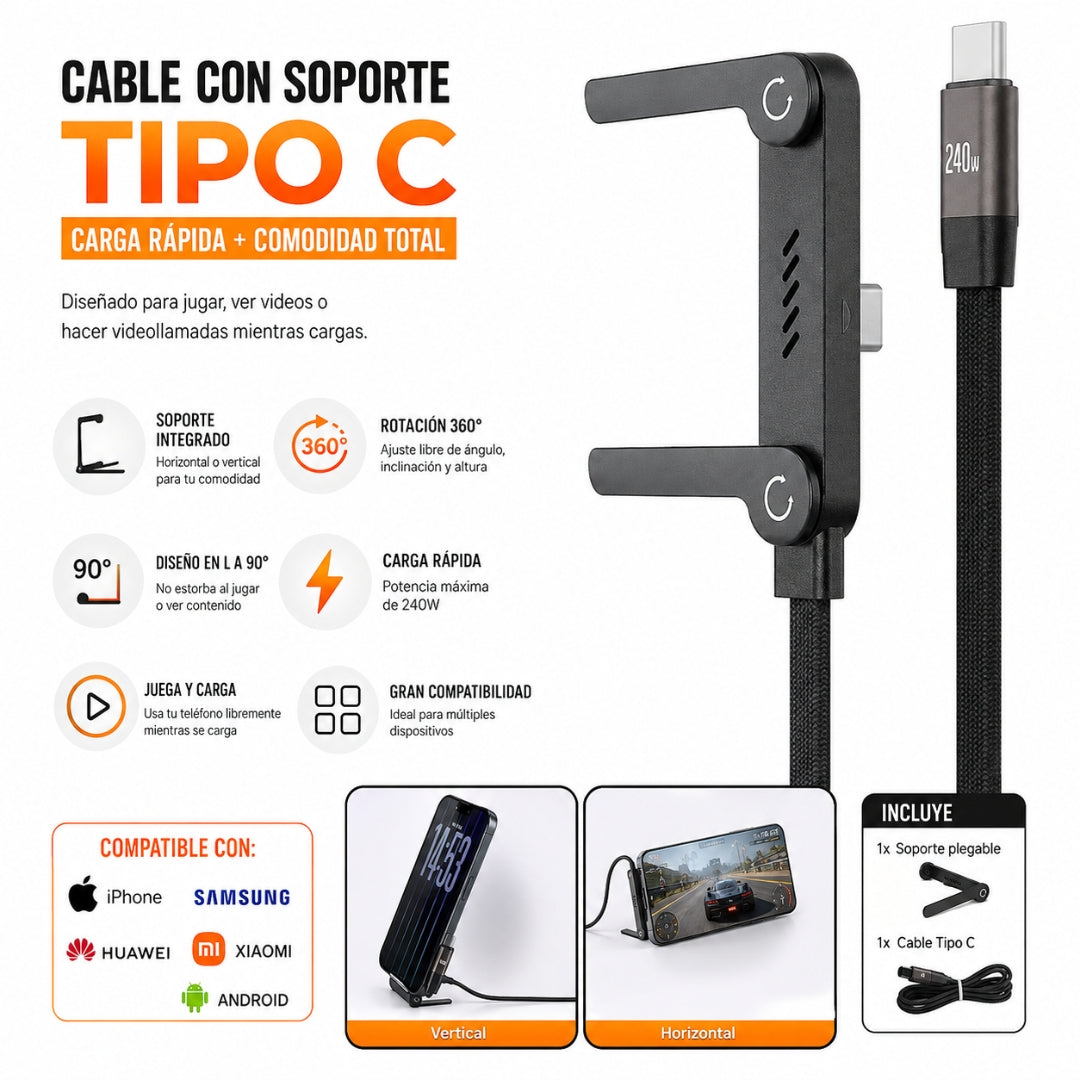 Cable Carga Rápida Tipos C 240W con Soporte Plegable y Ajustable para Celular