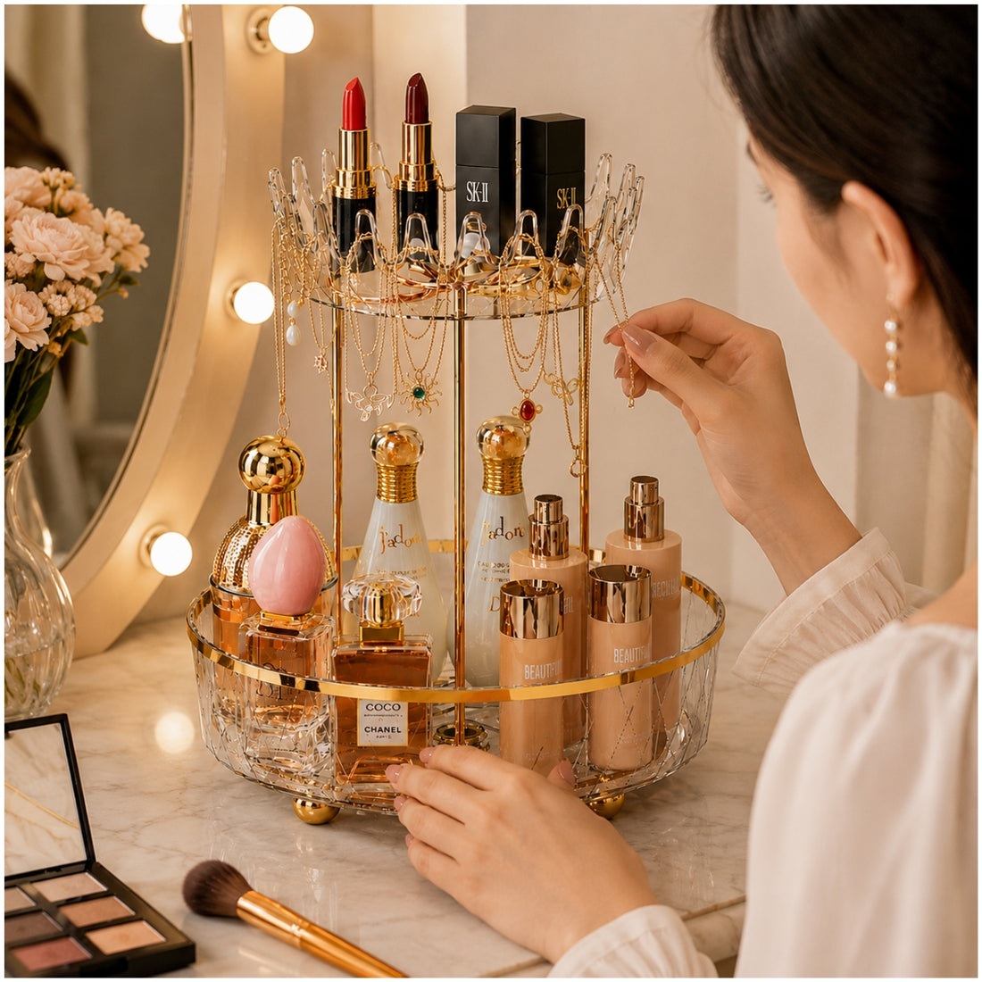 Organizador Giratorio 360° Maquillaje Cosméticos y Joyas de Acrílico Diseño Corona