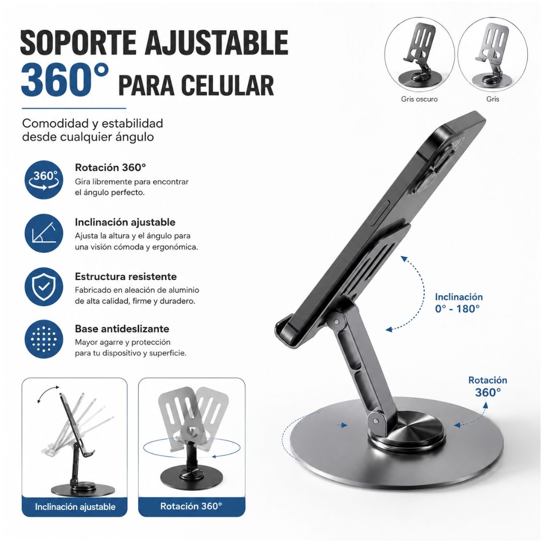 Soporte para Celular de Metal Gris 8562 Ajustable Plegable Giratorio 360°