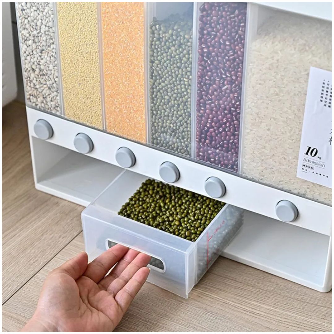 Dispensador de Arroz y Menestras Contenedor con 6 Compartimentos 10 kg