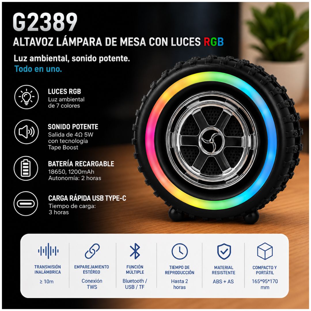 Parlante Neumático Bluetooth Luces RGB G2389 Recargable 5W USB TF