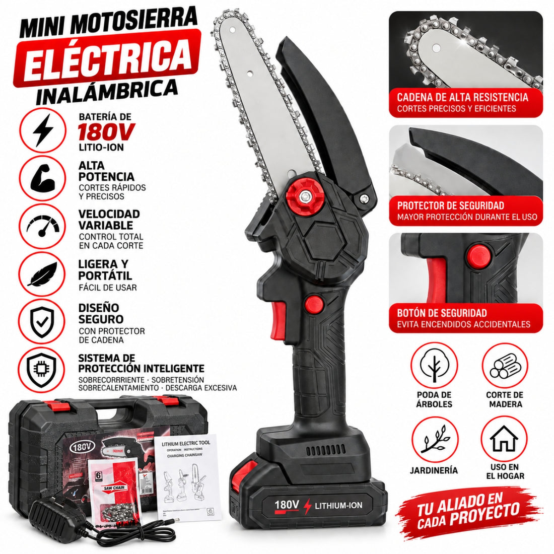 Mini Motosierra Eléctrica Inalámbrica Recargable 180V con Maletín