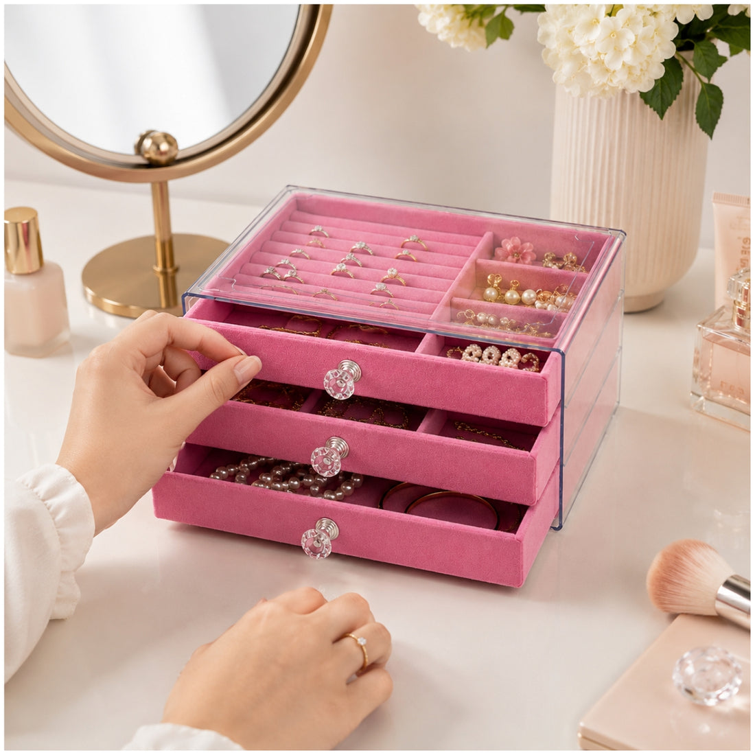 Joyero Organizador de Joyas y Accesorios Rosado 3 Niveles Acrílico