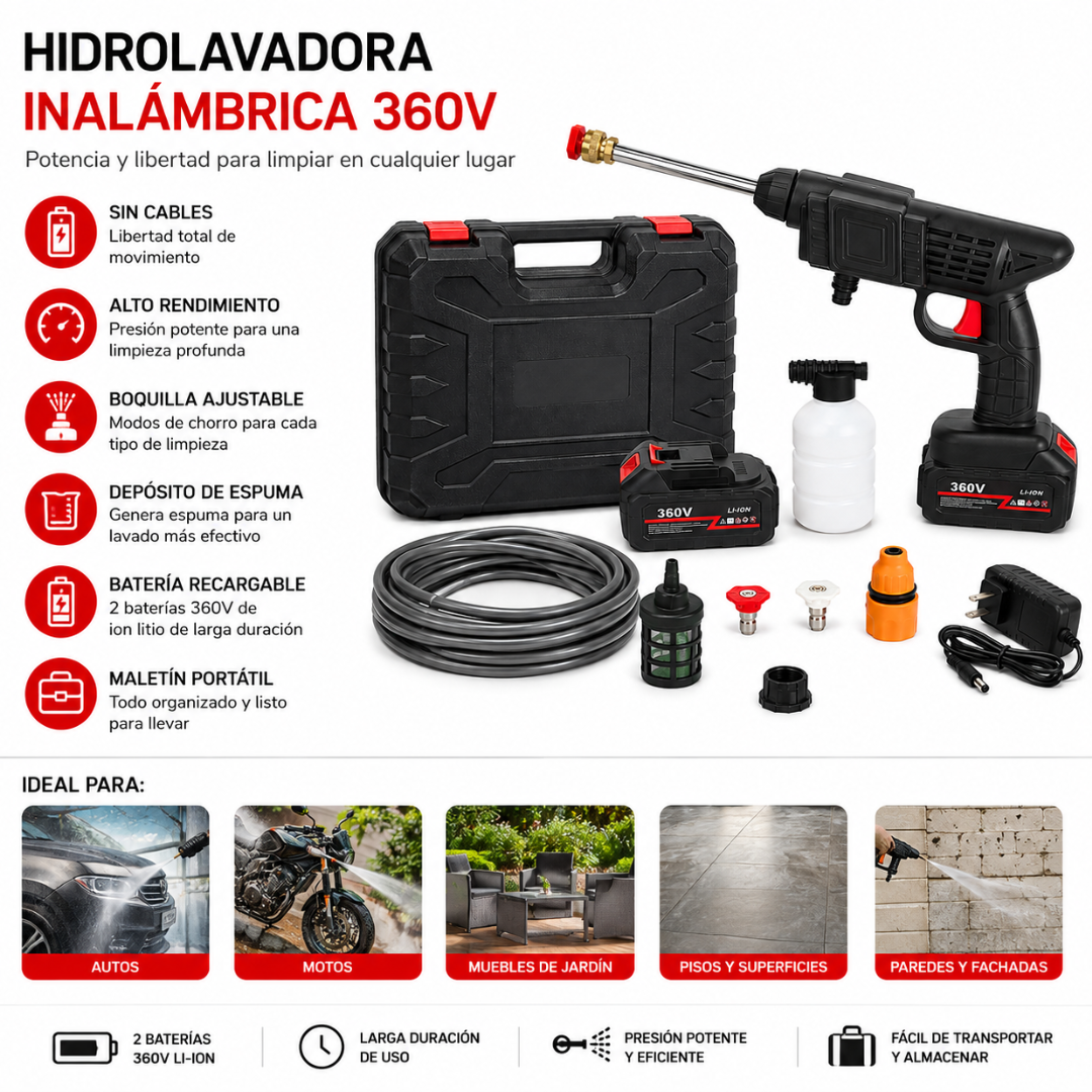 Hidrolavadora Alta Presión Inalámbrica 360Vf Doble Batería Recargable Auto Hidrojet