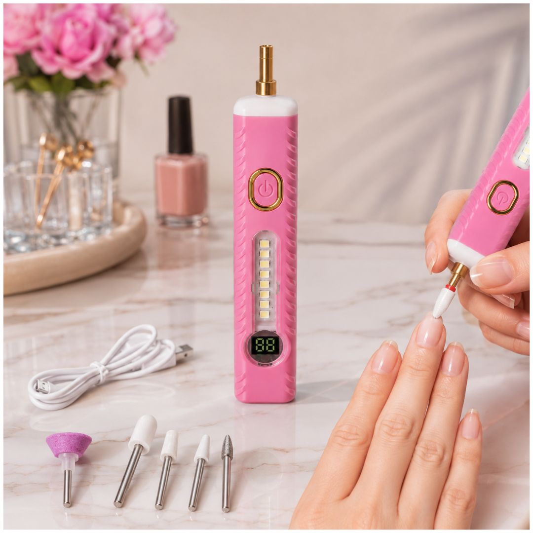 Pulidor de Uñas Eléctrico Profesional Recargable Pantalla Digital Luz LED USB-C + 5 Cabezales