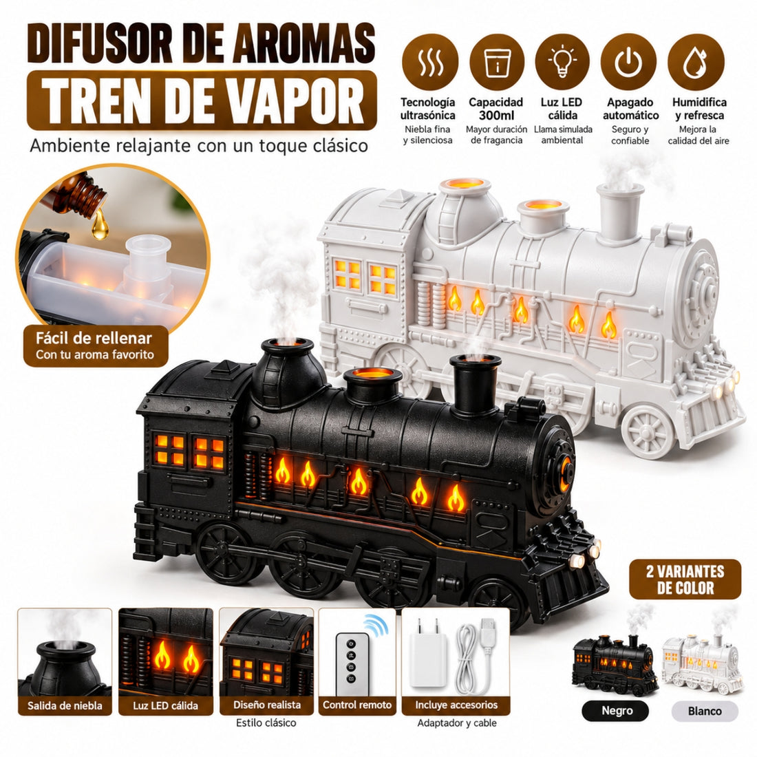 Difusor de Aromas Tren Humidificador de Vapor 300 ml con Luz LED y Control Remoto