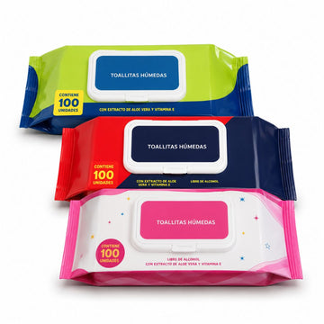 Pack x3 Toallitas Húmedas 300 und Sin Alcohol Con Aloe Vera y Vitamina E
