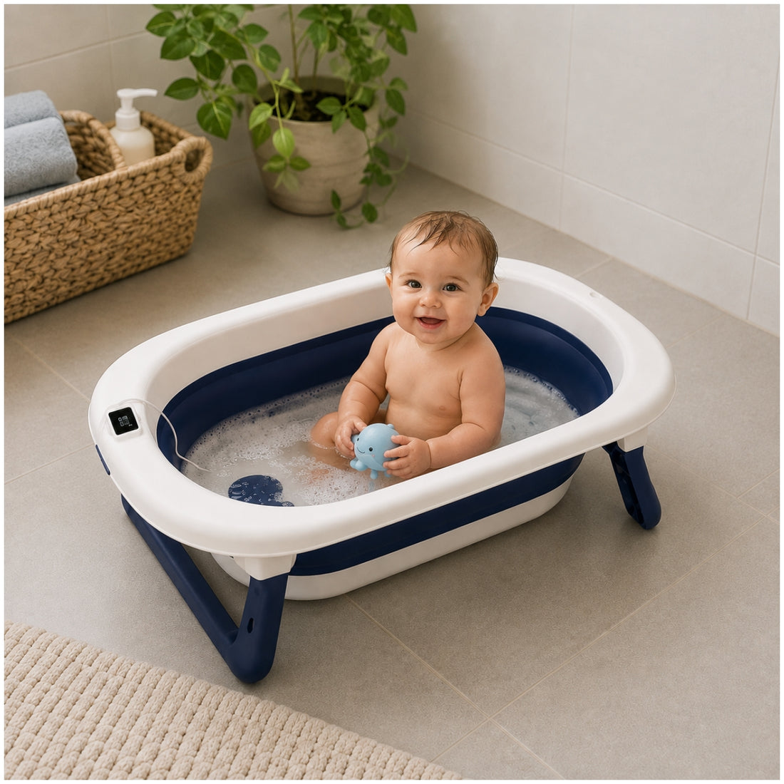 Bañera Infantil Plegable Azul con Termómetro Digital Patas Antideslizantes