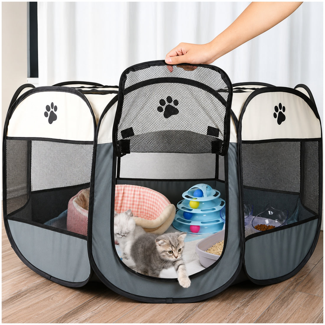 Corral Cama para Gatos Perros Casa para Mascotas Plegable 58x90x90cm