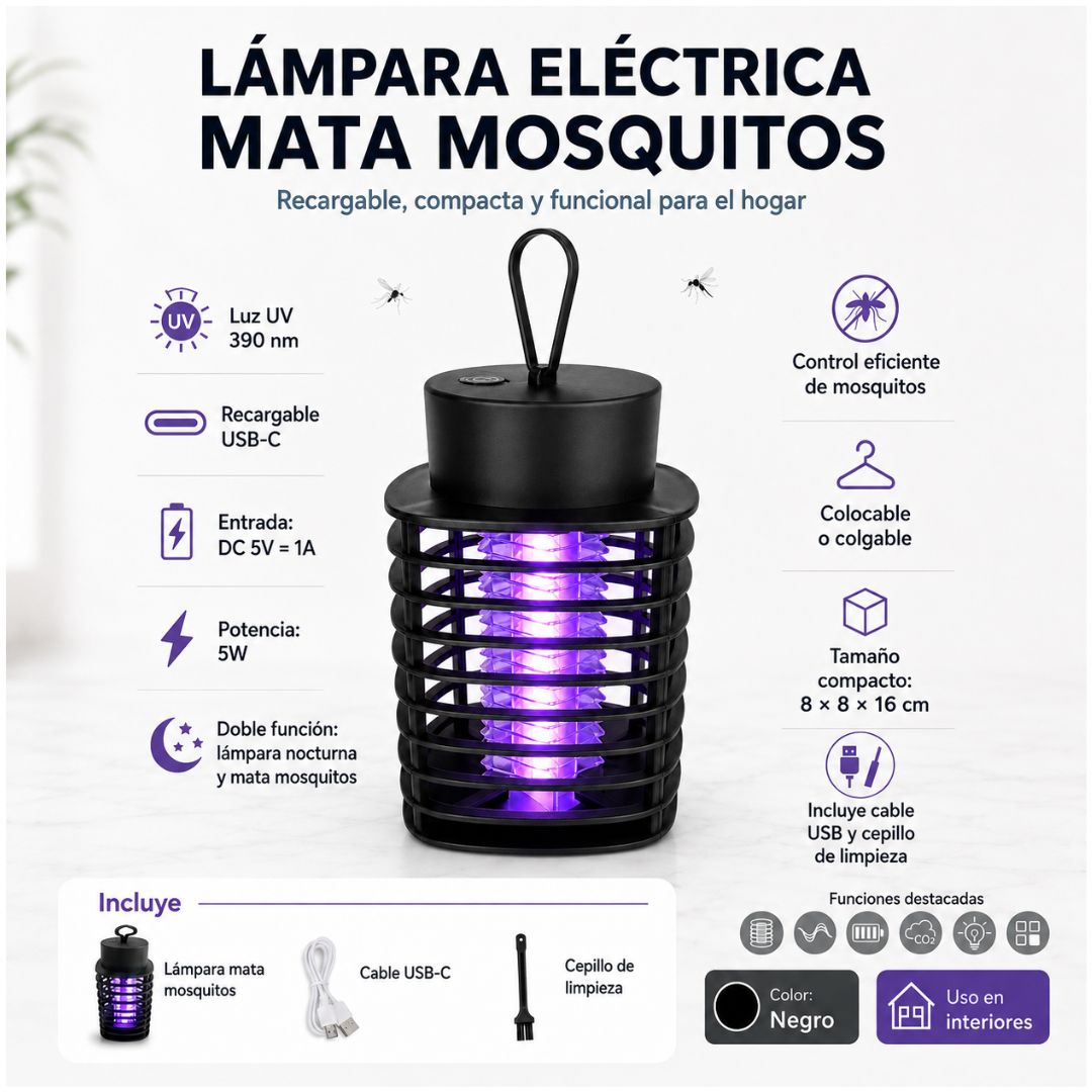 Lámpara Mata Mosquitos Eléctrica Luz UV Insectocutor Atrapa Zancudos 5W