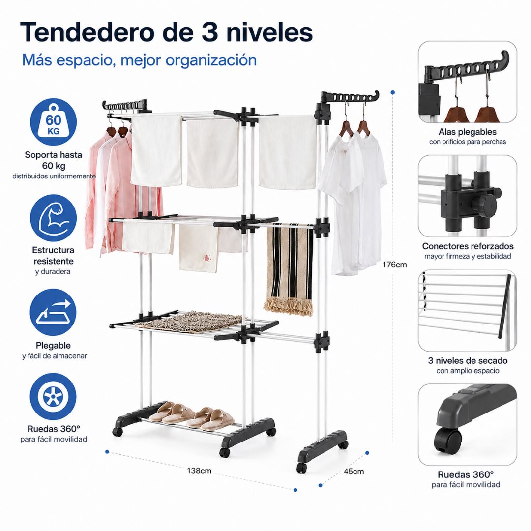 Tendedero de Ropa Multifuncional 2 Cuerpos 4 Niveles Plegable con Ruedas